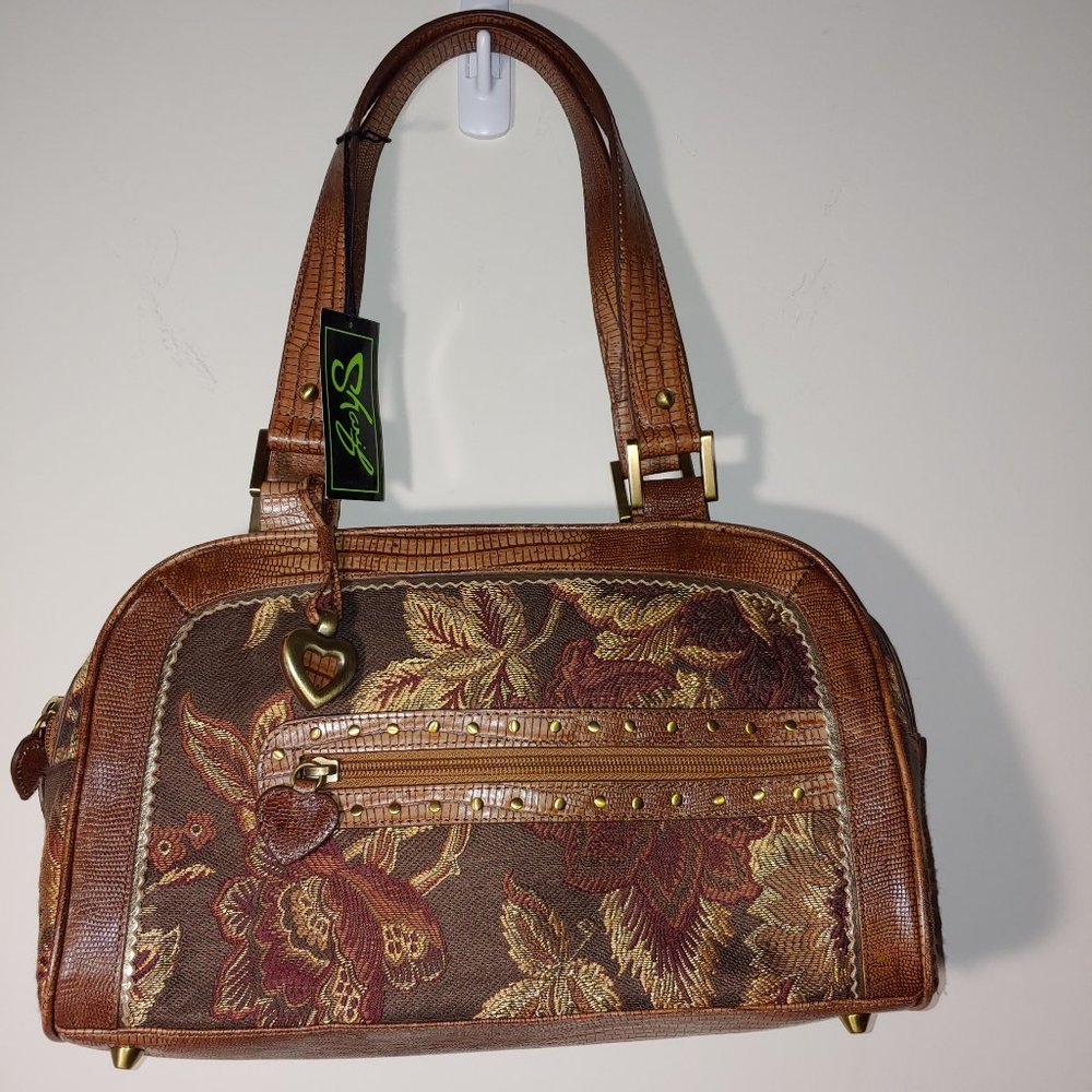 Sharif Studio 2 handles Tapesstry and Leather Purse Brown Gold